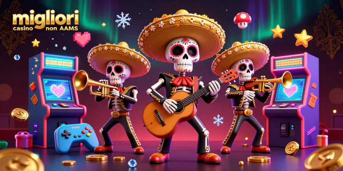 Scopri i migliori casino non AAMS attraverso l'illustrativa scena di un trio musicale in un vivace contesto di gioco.