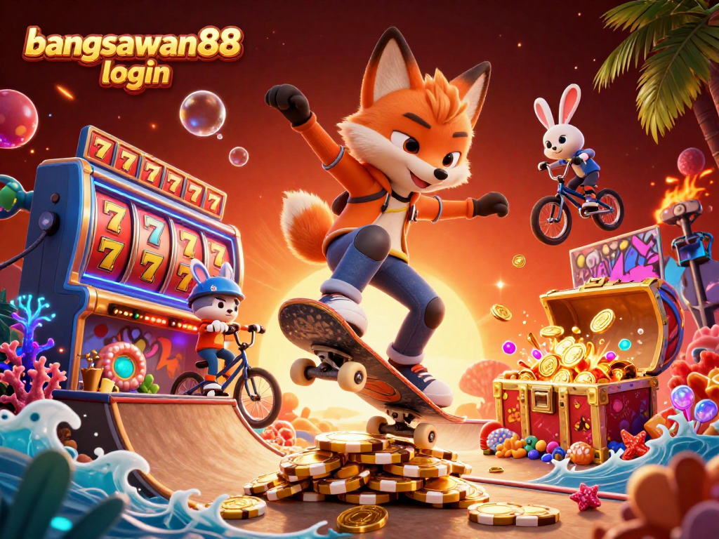 Experience the thrills of gambling with bangsawan88 login in a dynamic 3D casino-themed illustration featuring colorful characters and elements.