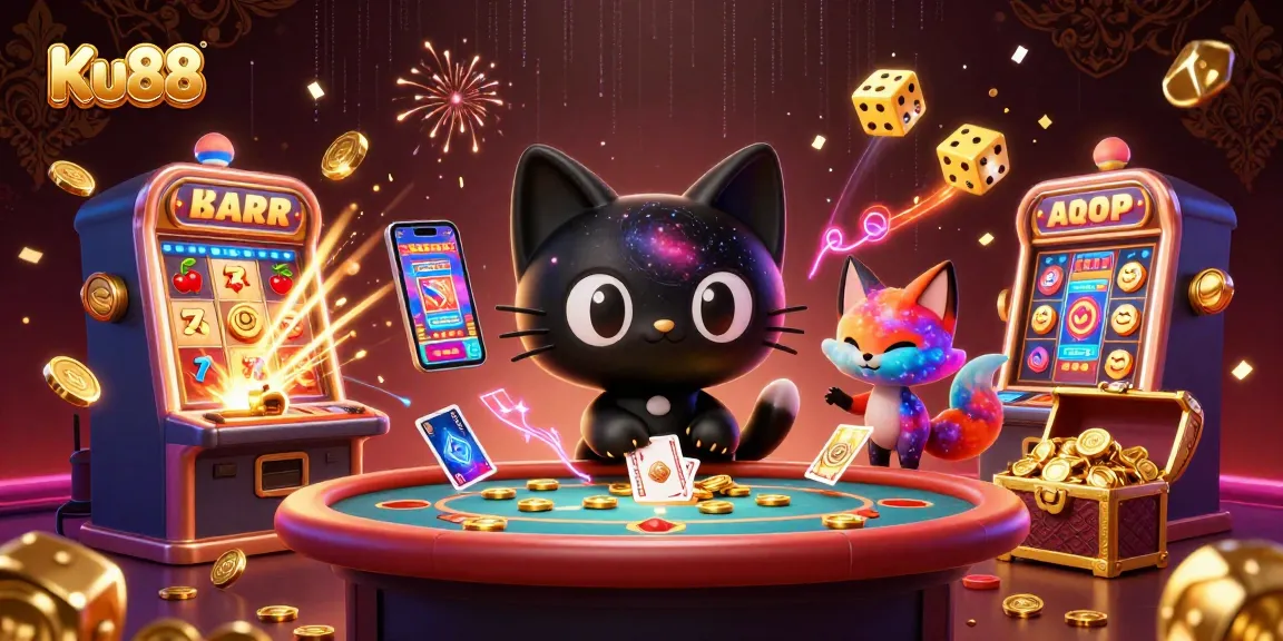 Experience thrilling gameplay at Ku88 featuring a cosmic casino cat and vibrant slot machines.