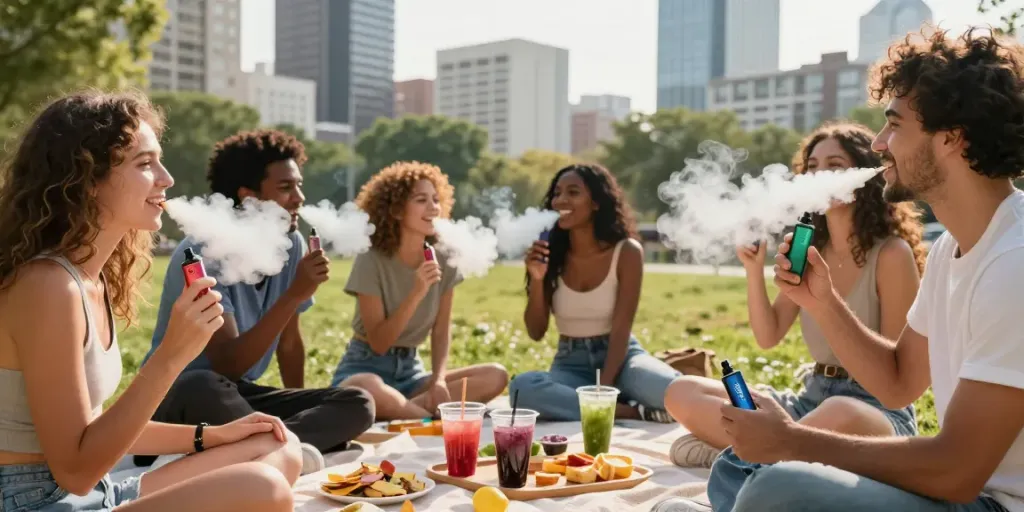Friends enjoying sg lana vape devices outdoors with healthy snacks and vibrant city atmosphere.