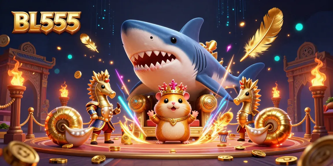Engage in thrilling gameplay at BL555 with a fierce golden hamster king on a megalodon throne surrounded by vibrant casino elements.