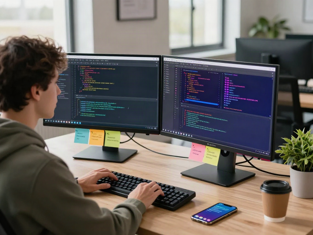 Developer coding with gbwhatsapp app design visible on dual monitors in a modern workspace.