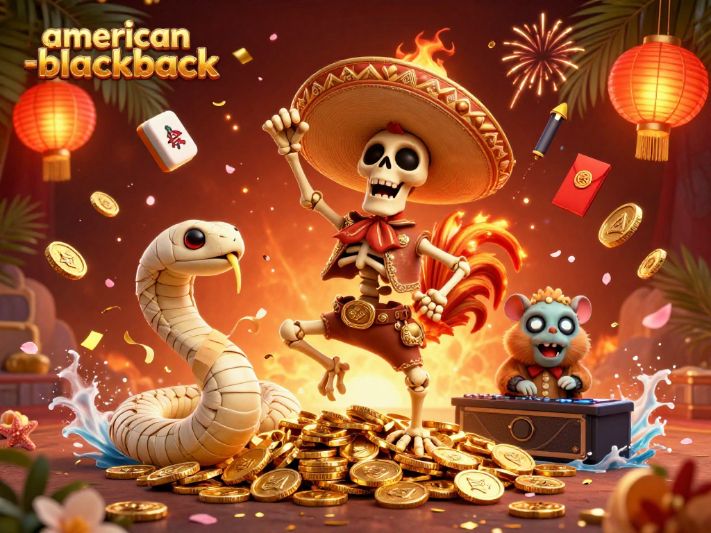 Experience thrilling american-blackjack action with vibrant characters dancing on golden coins, showcasing excitement and fun.
