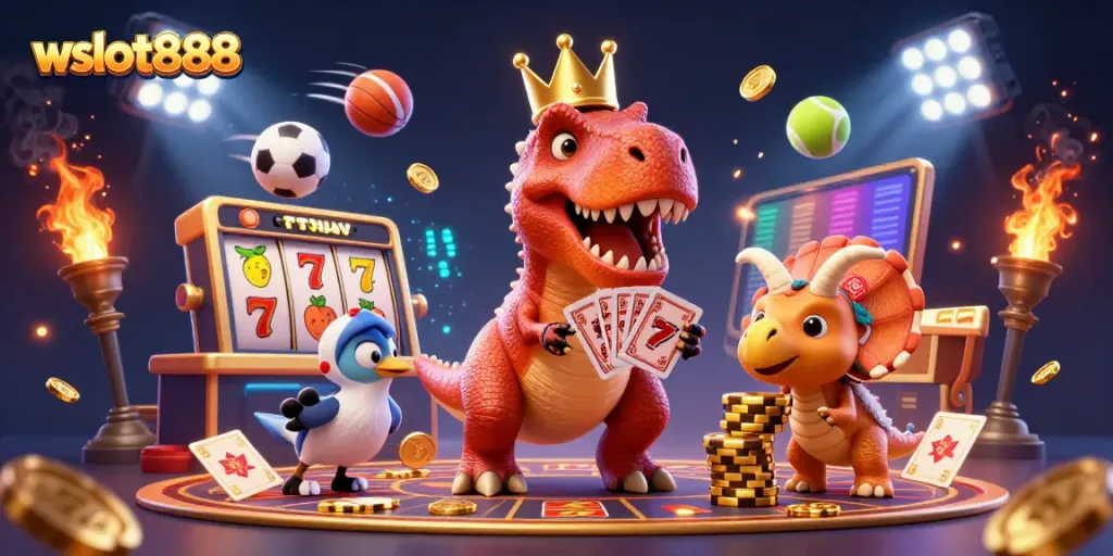 Menangkan jackpot di wslot888 dengan dinosaurus yang bermain slot dan merayakan kesuksesan.