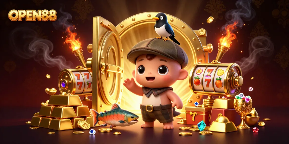 Spin slot reels with OPEN88, golden treasures, and playful characters in a vibrant casino scene.