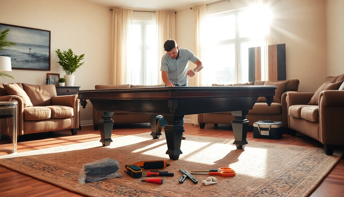 Pool table mover demonstrating professional techniques for safely disassembling a heavy pool table.