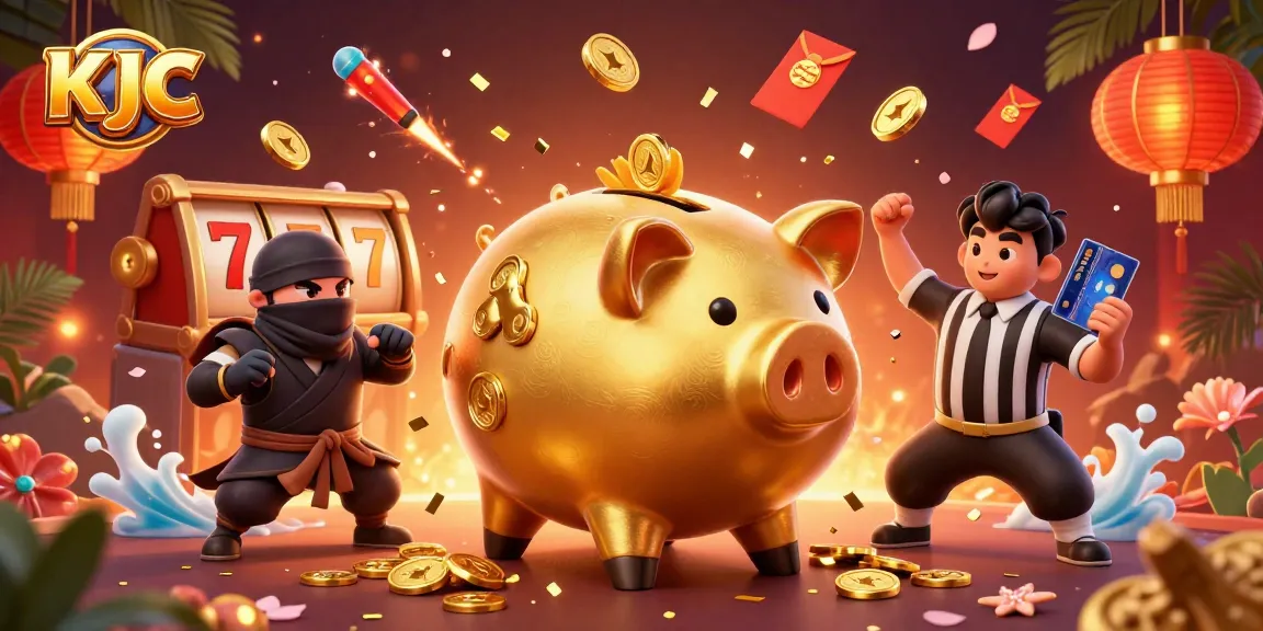 KJC players spin slot reels in a vibrant 3D casino scene with energetic characters.