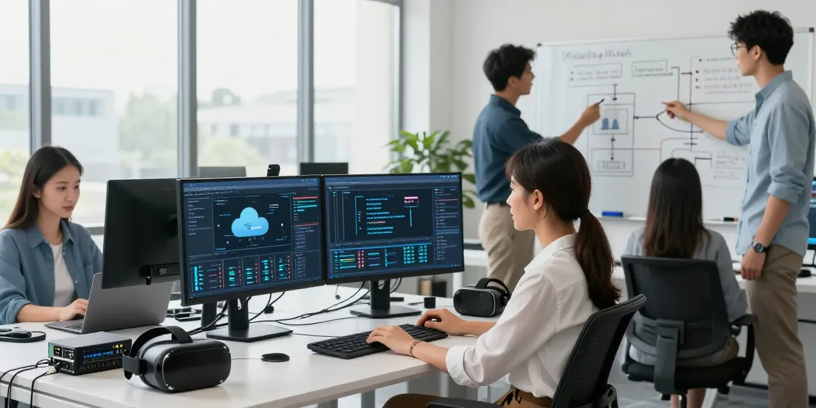 Profesionales de hosting en México colaborando en un ambiente moderno de oficina con tecnología avanzada.