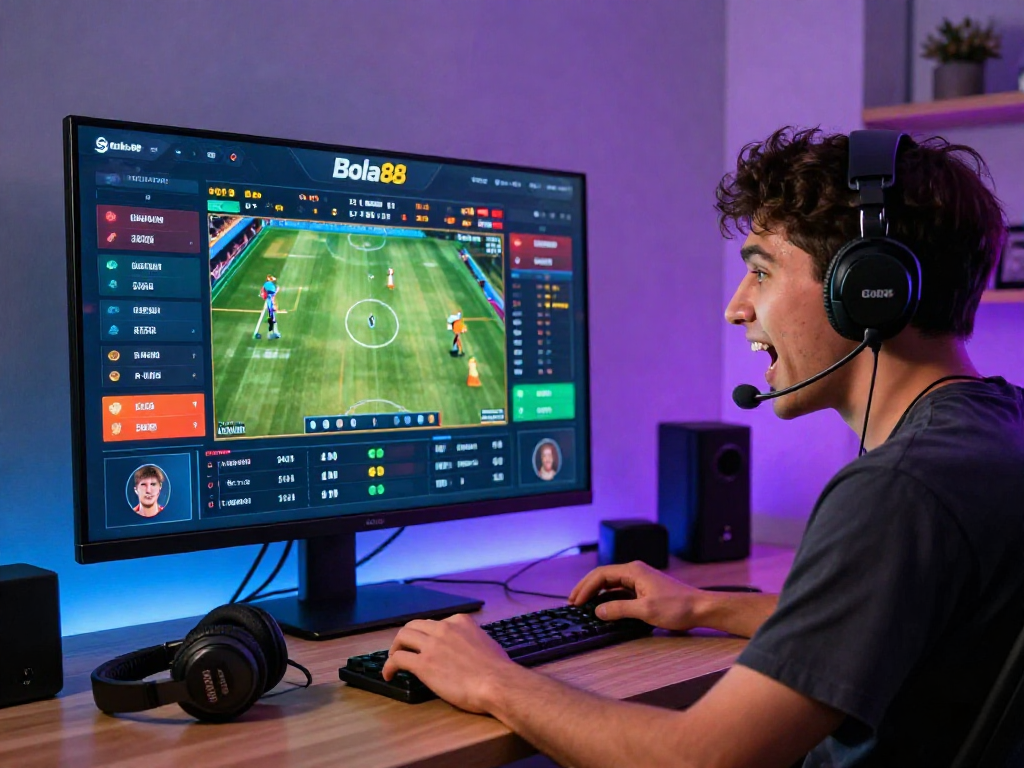 Engaged player enjoying sports betting with Bola88 interface, showcasing excitement and modern gaming aesthetics.