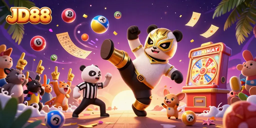 Engaging JD88 online betting scene featuring animated panda wrestler and cheering animal crowd.