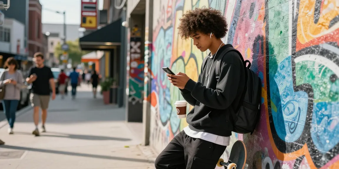 Urban lifestyle scene showcasing a trendy individual engaging with their smartphone, representing 456bd culture.