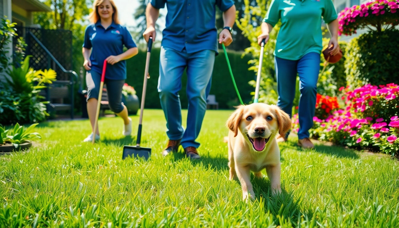 Dog poop removal service team efficiently cleaning a backyard, enhancing pet owner satisfaction.