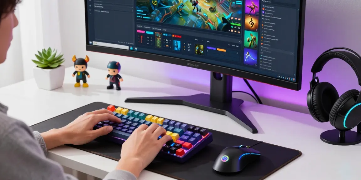 Vibrant gaming setup with a custom 65 percent keyboard and dual monitors enhancing the gaming experience.