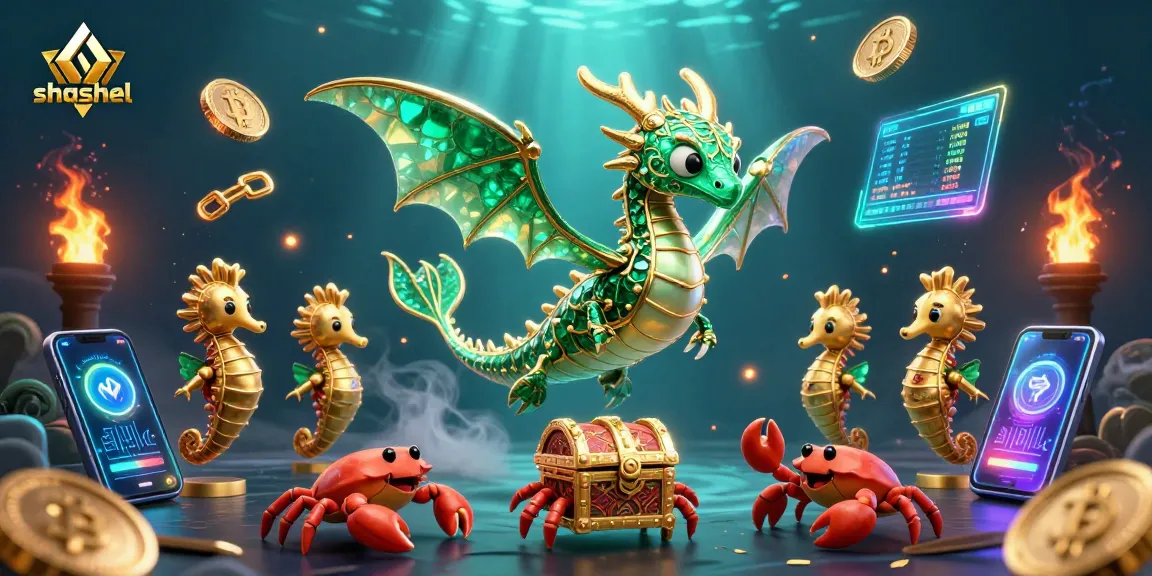 Engage in shashel's immersive gaming experience with vibrant crypto-themed characters and treasure.