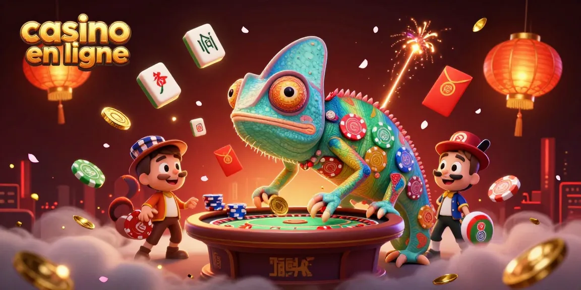 Plonger dans l'ambiance des jeux avec un caméléon patron du casino en ligne, entouré de pièces et de lanternes.