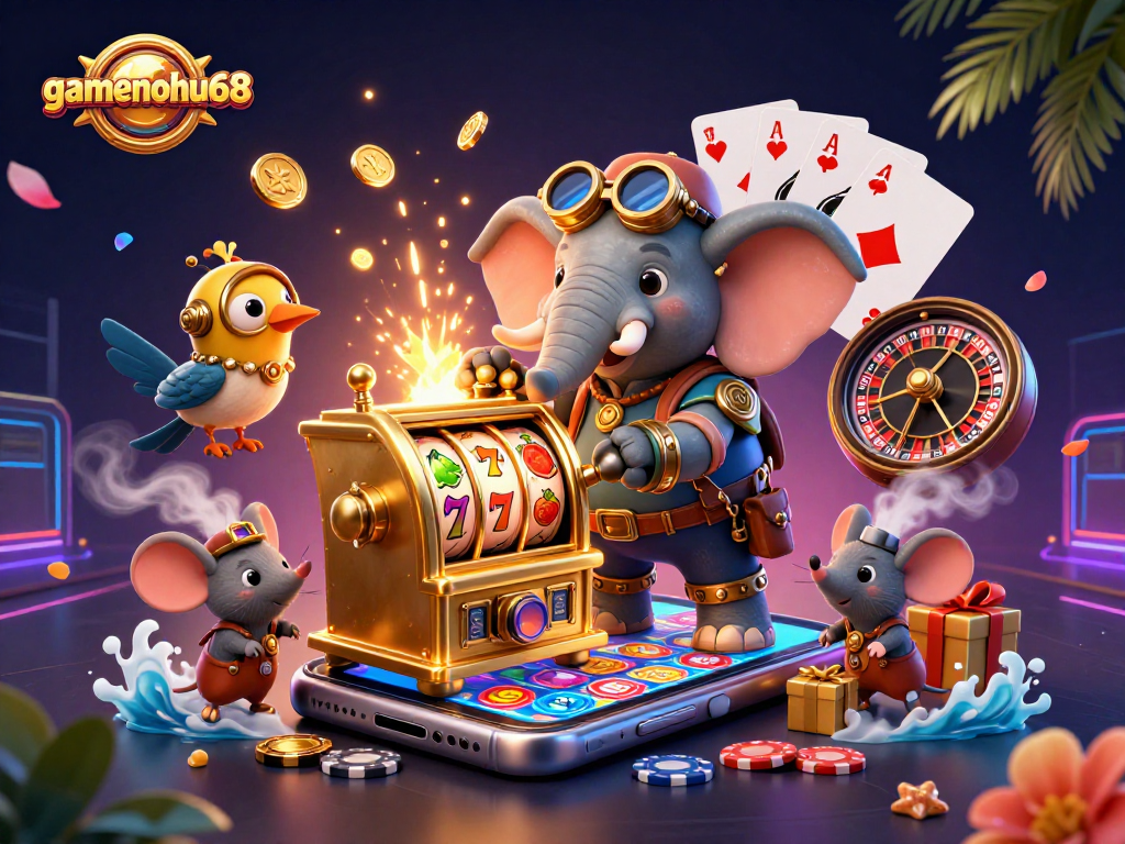Spin to win with gamenohu68 at a golden slot machine while vibrant game elements surround you.