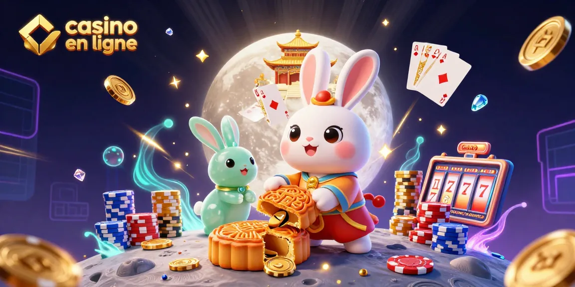 Casino en ligne avec des personnages de lapin sur la lune, symboles de poker et richesses scintillantes.