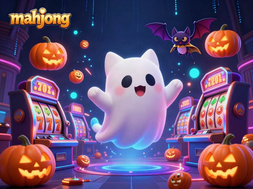 Play mahjong in a thrilling haunted casino scene with whimsical ghost cat and vampire bat characters.