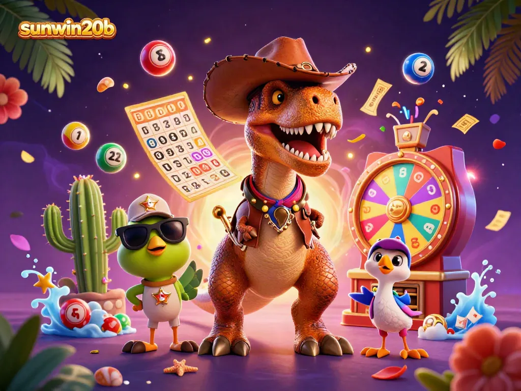 sunwin20b showcases a colorful 3D casino scene with cartoon dinosaur characters and vibrant game elements.