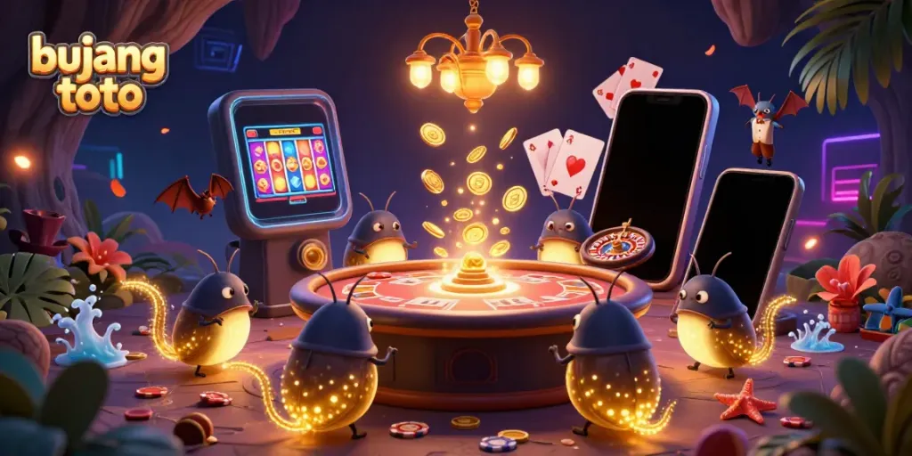 Experience the vibrant glow of bujang toto with animated glowworms lighting a casino scene full of captivating games.