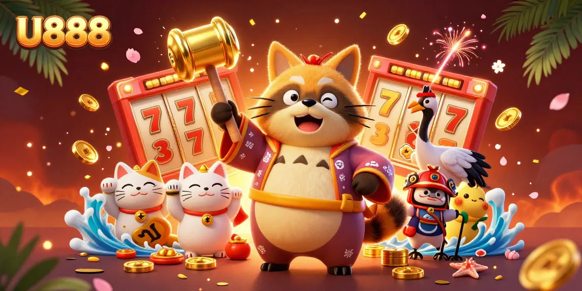 U888 shines with joyful elements, showcasing a cheerful tanuki and animated casino symbols for online gaming.