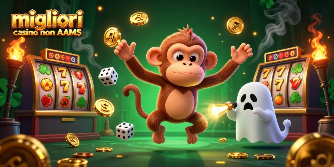 Immagine di "migliori casino non AAMS" con un monkey poltergeist che gioca con oggetti dorati in un casinò scuro e misterioso.