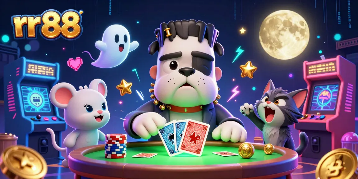 Experience thrilling card games at rr 88 with a spooky 3D casino scene, featuring unique characters.