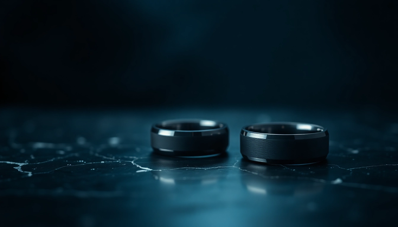 Showcase dark mens wedding bands on a sleek marble surface with moody lighting and texture.