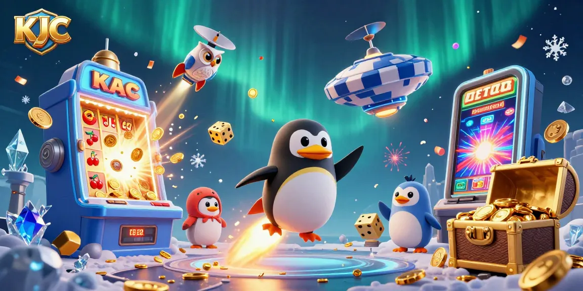 KJC rocket-powered penguin racing to a casino space station, filled with vibrant gambling symbols and dynamic elements.