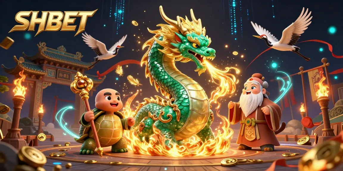Experience the thrill of SHBET with a vibrant illustration showcasing an emerald jade dragon and lucky cranes in a captivating casino scene.