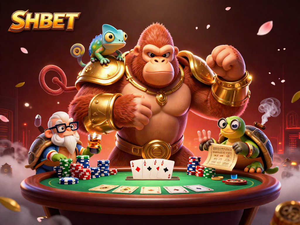 SHBET gaming scene with a gorilla king, chameleon, and tortoise in action