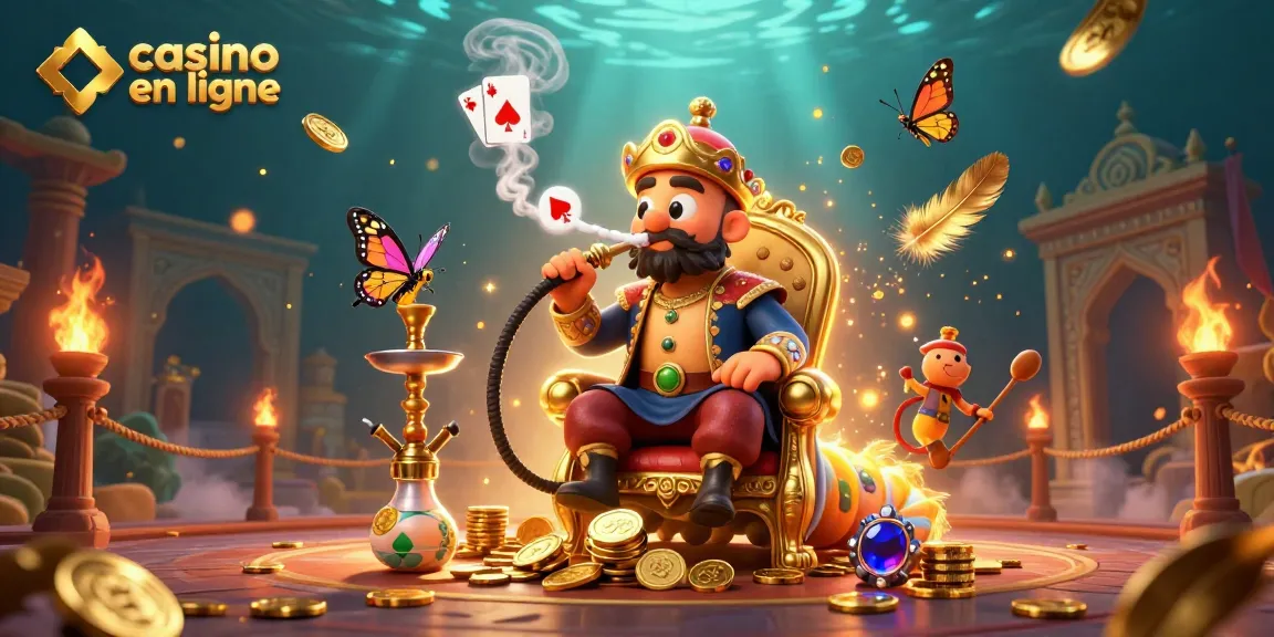 Plongez dans l'univers captivant du casino en ligne avec des symboles de poker émergeant de fumée, une illustration riche en couleurs.