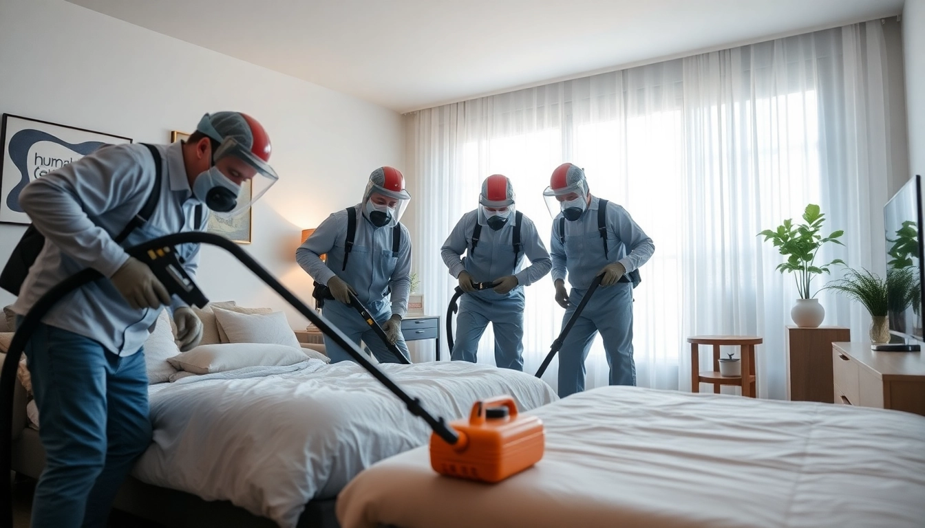 Expert bed bug exterminators conducting detailed inspections in a modern home setting.