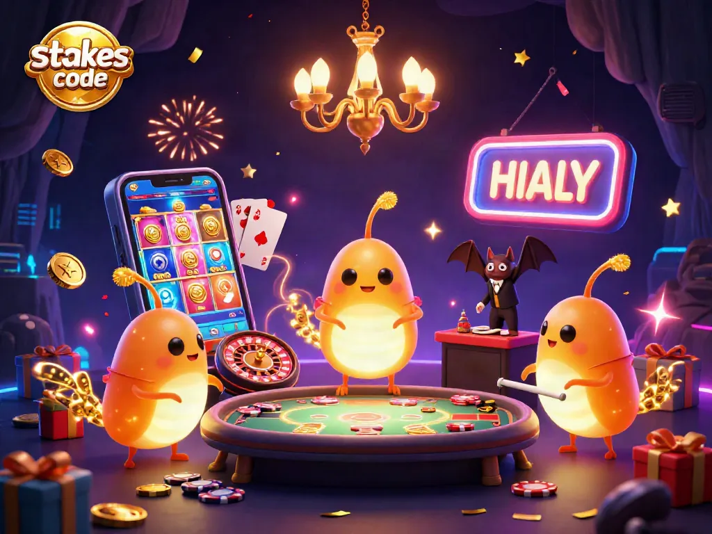 Experience fun at Stake.us bonus code casino with glowing characters, slot games, and festive elements.
