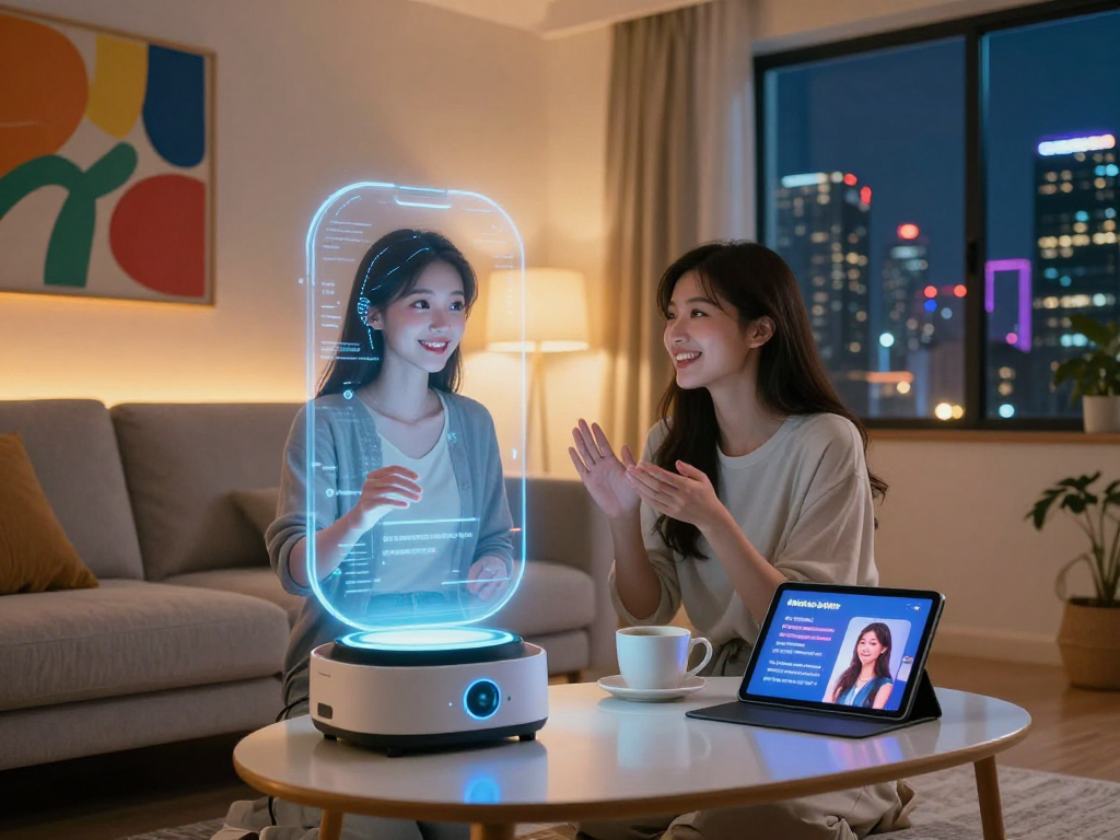 AI girlfriend hologram interaction in a cozy modern living room.
