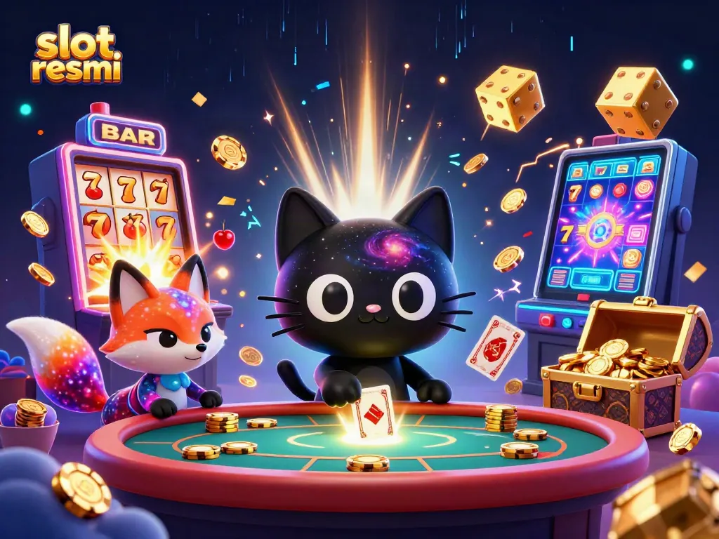 Engage with slot resmi games, featuring a 3D cosmic casino scene bursting with action and excitement.