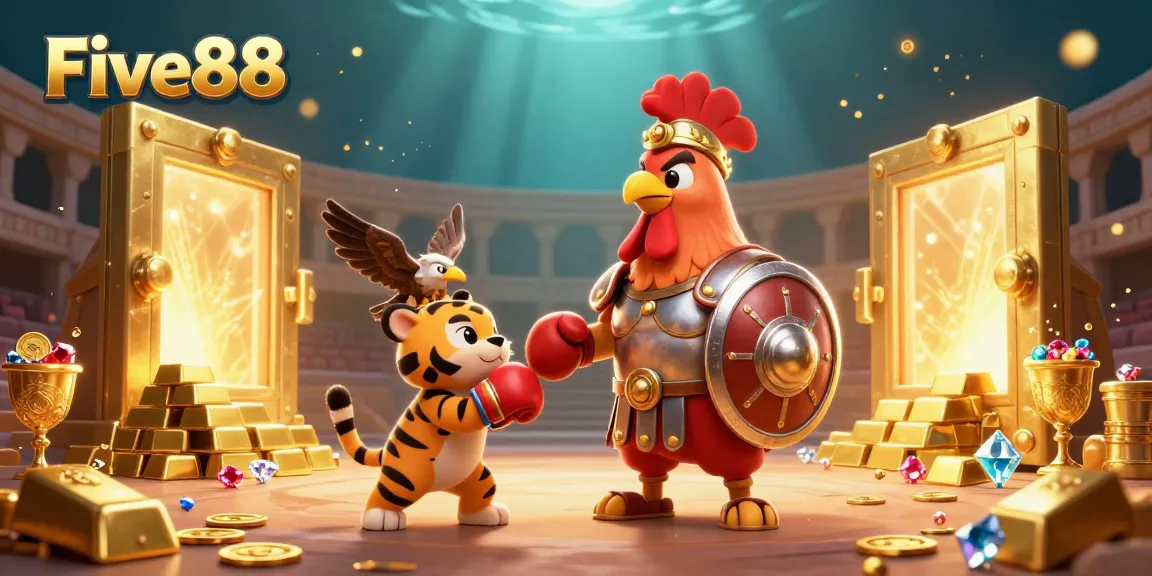 Experience the excitement at Five88 with a gladiator rooster amidst treasure in a dynamic casino scene.