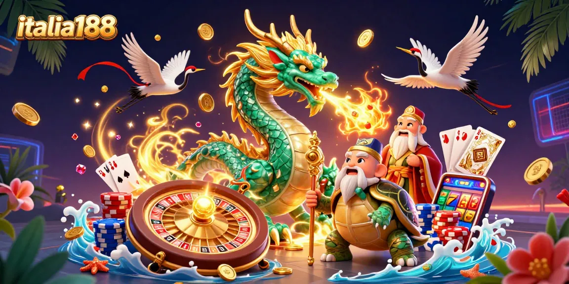 Mengungkapkan italia188 dengan naga giok besar dan slot mesin keberuntungan yang bercahaya.