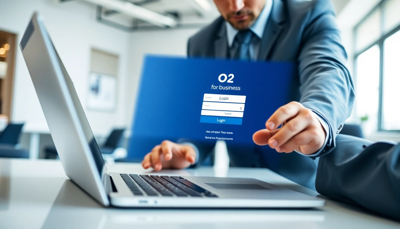 Access the o2 for business login interface on a laptop, showcasing a professional workspace.