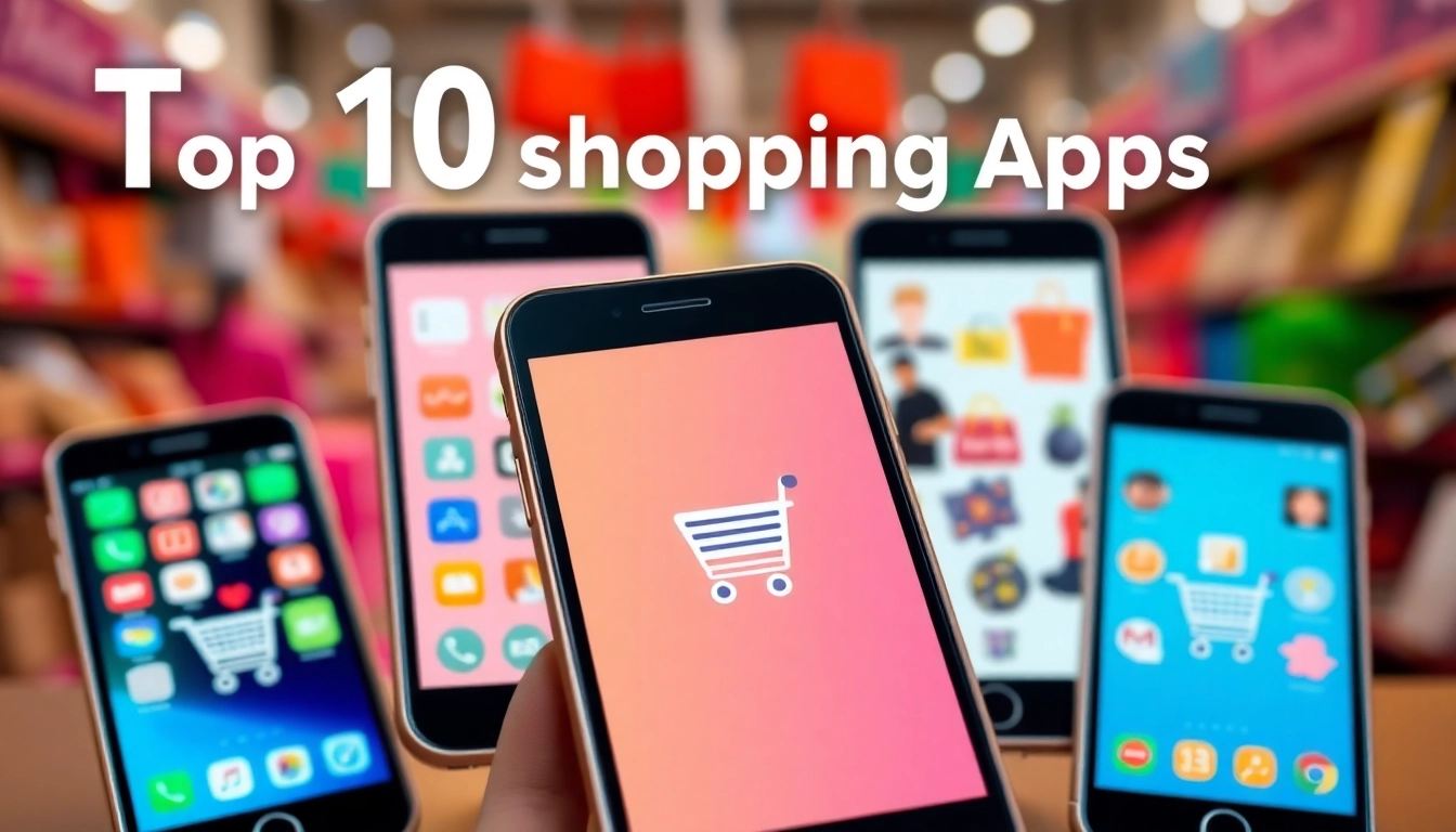 Showcase of top 10 shopping apps displayed on vibrant smartphones for a dynamic shopping experience.