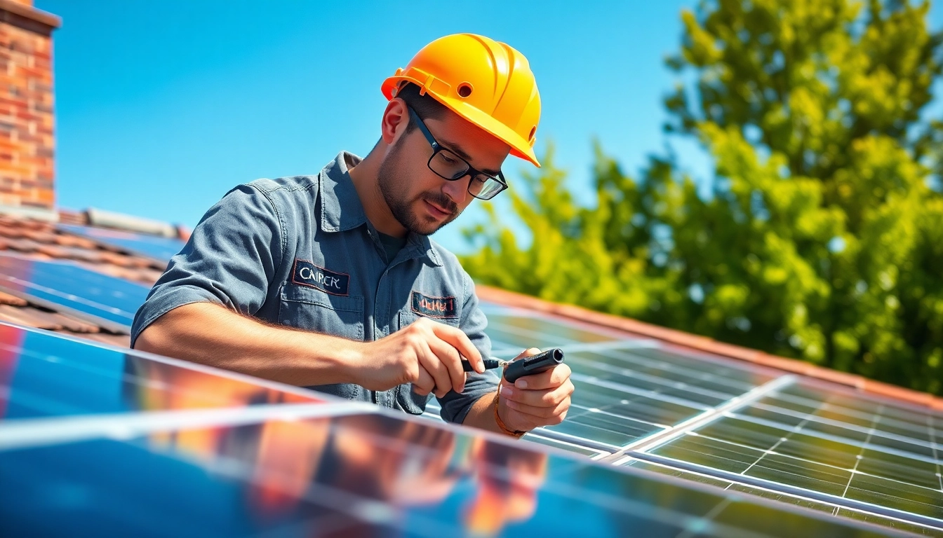Solar repair company expert inspecting solar panels showcasing professionalism and attention to detail.