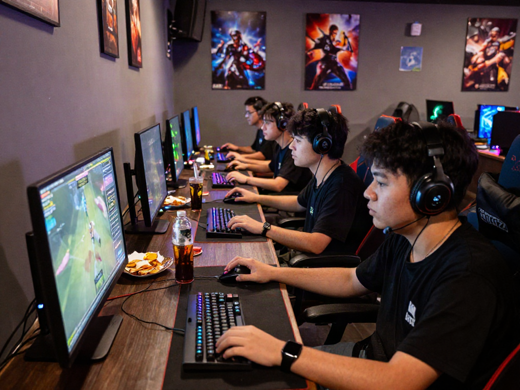 Gamers enjoying a competitive situs toto tournament in a vibrant gaming cafe